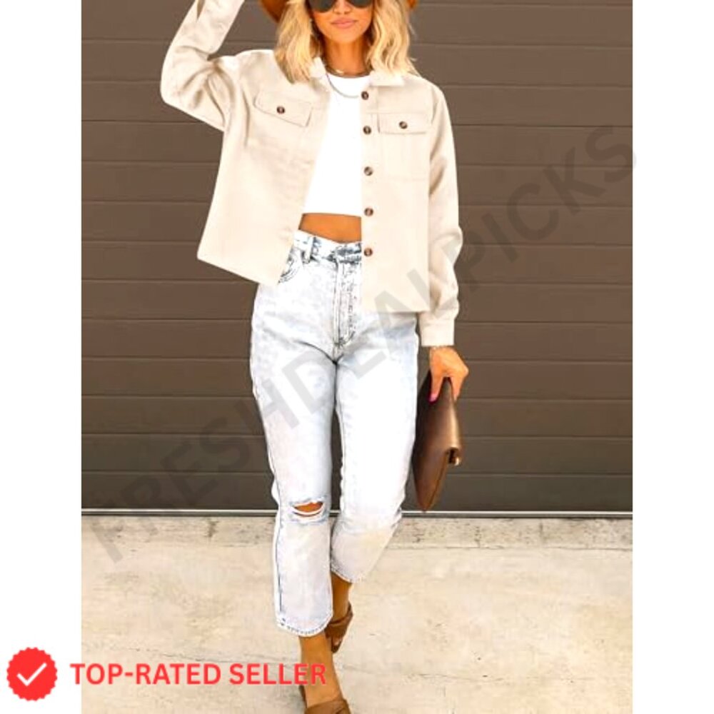 Cropped Flannel Shacket, Button-Down, Long Sleeve… - image 2